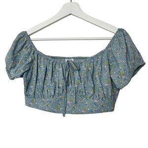 Mable Blue Floral Off the Shoulder Crop Top Smocked Boho Size L‎